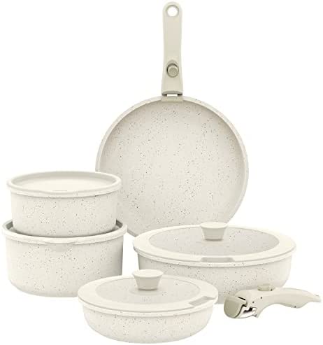 CAROTE 11pcs Cream White Pots and Pans Set, Nonstick Cookware Sets